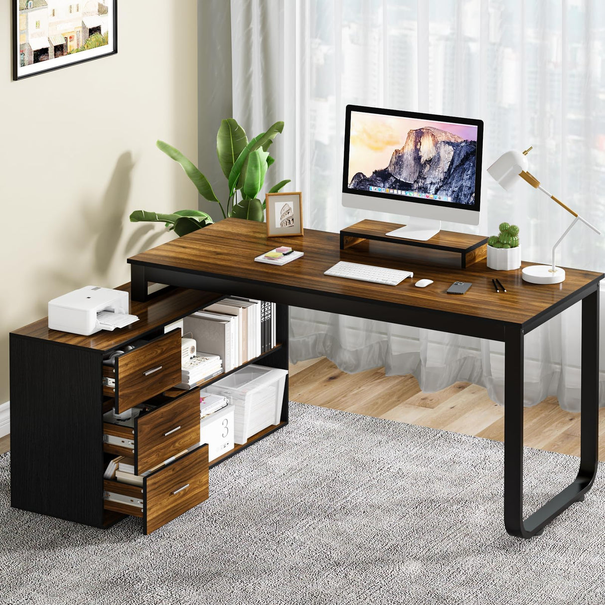 55 Inch L Shaped Desk with Drawers, Large Corner Computer Desk with 3 Drawers