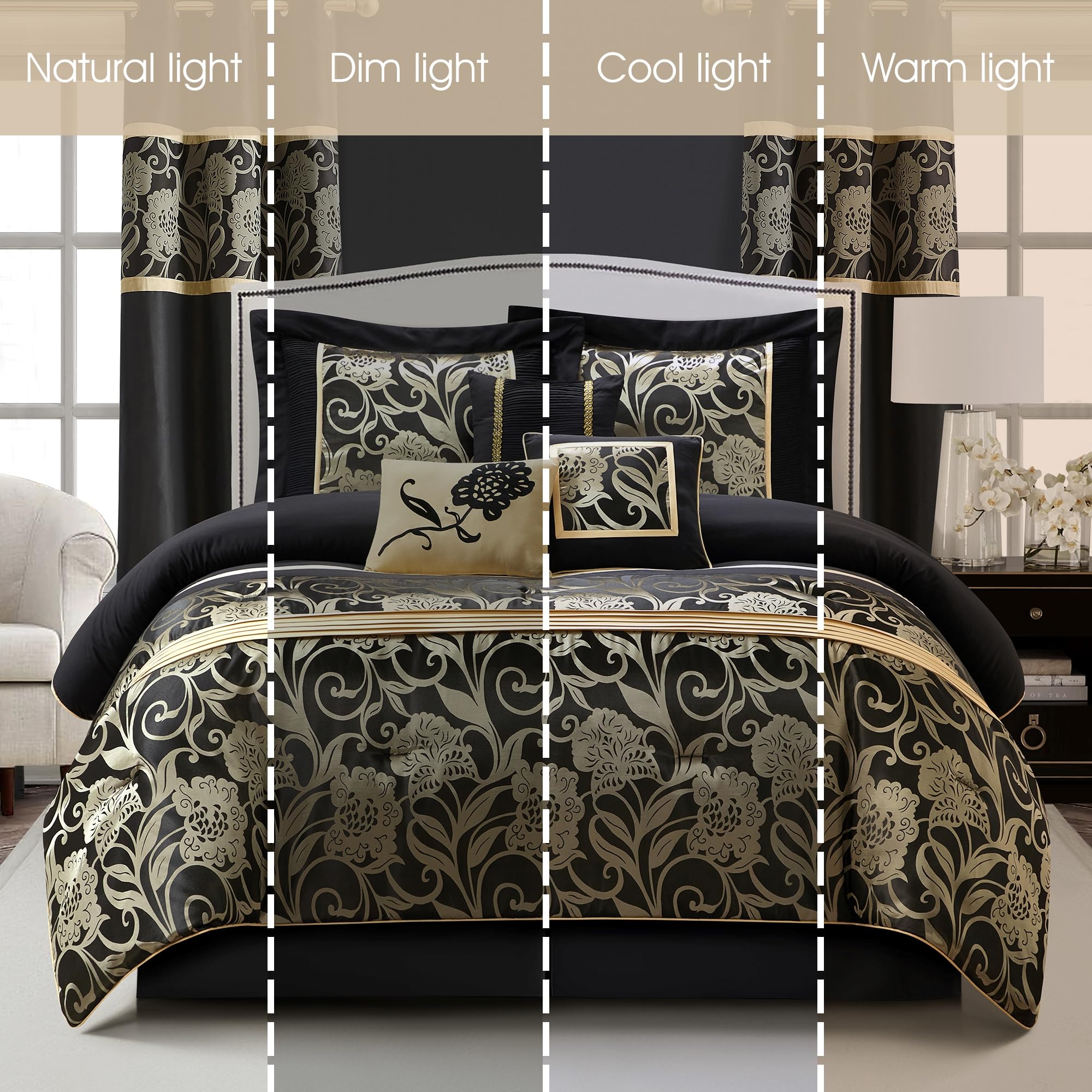 Black and Gold Comforter Set Queen - 9 Piece Jacquard Floral Bedding