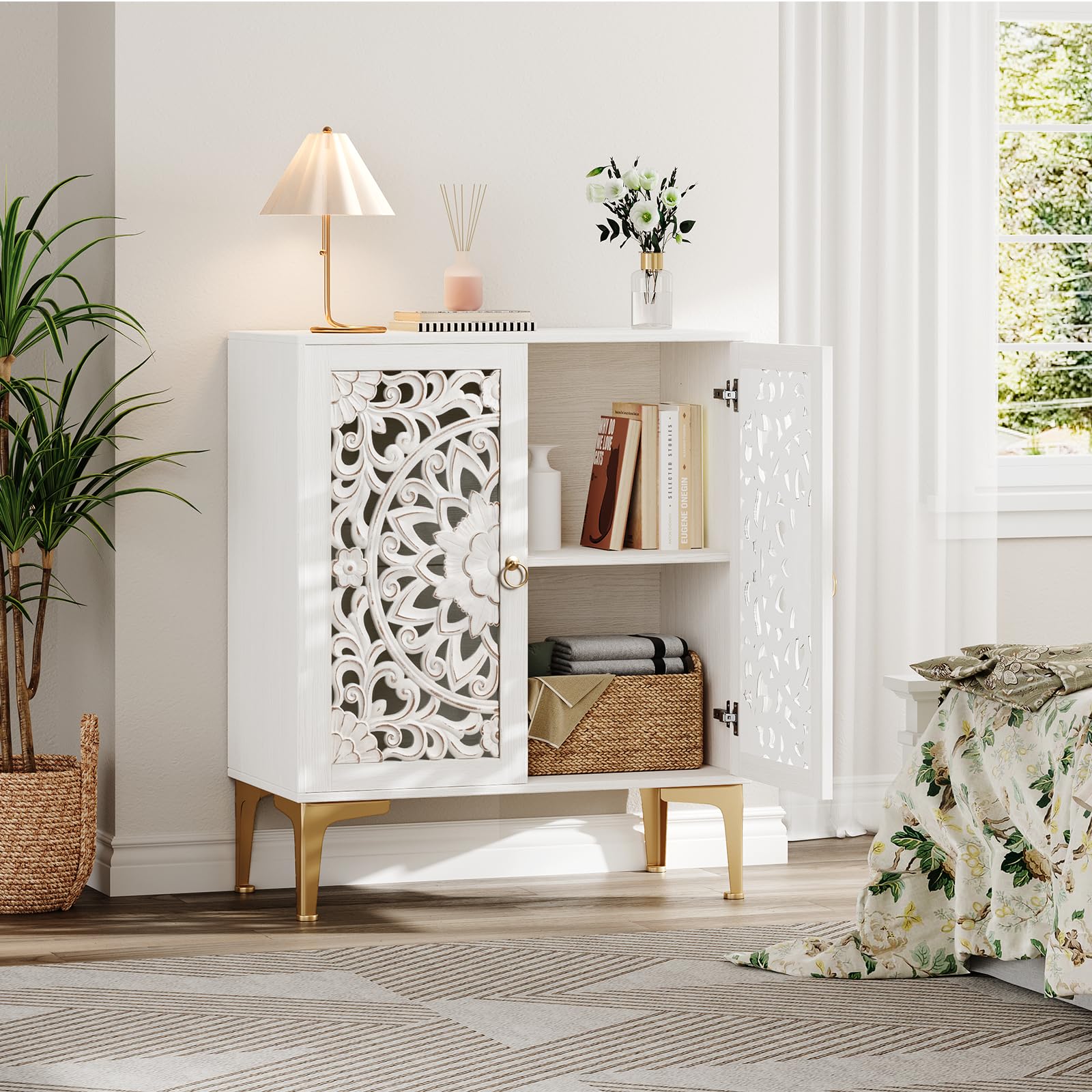 Vintage White Accent Cabinet with Carved Doors & Gold Legs – Decorative Storage Sideboard