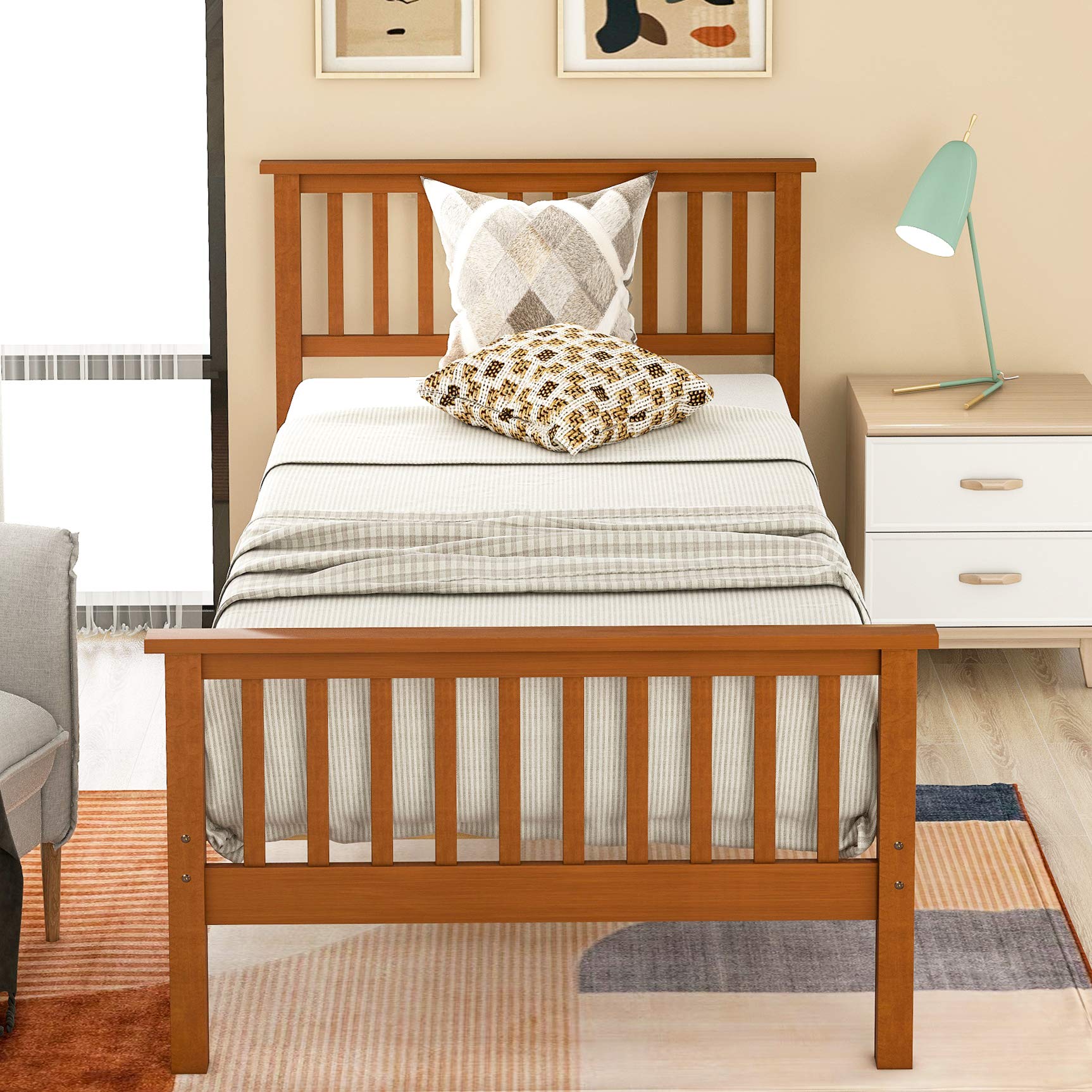 Twin Bed Frame with Headboard and Footboard - Oak Wood Platform