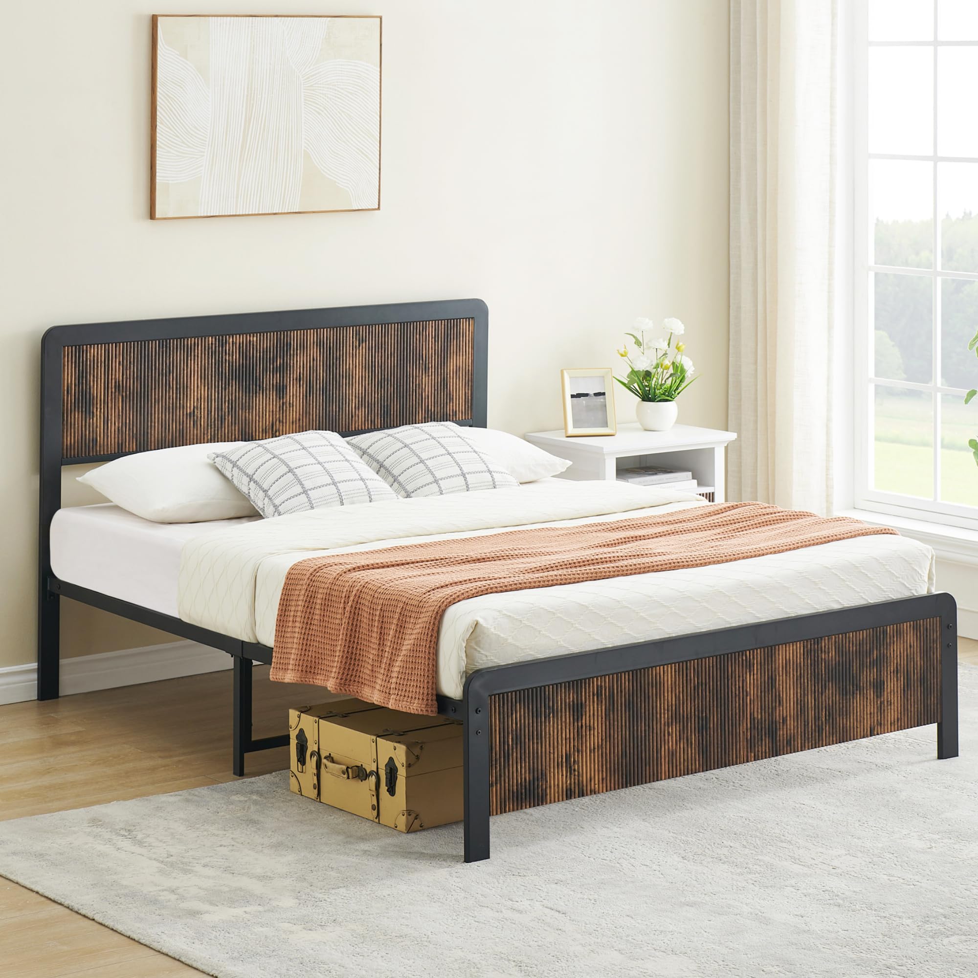 IDEALHOUSE Queen Size Bed Frame with Wave Wood Headboard, Queen Platform Bed Frame with Safe Rounded Corners & Under Bed Storage, Strong Metal Slats Support, No Box Spring Needed (Rustic Brown)