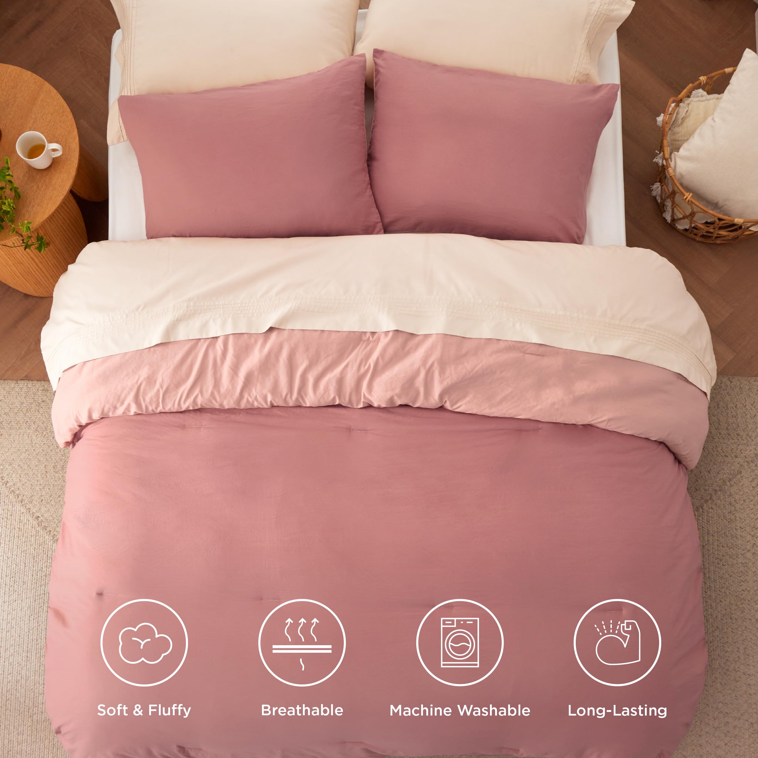 Queen Size Comforter Set - Reversible Pink Clay Soft Prewashed Bedding 3 Pieces