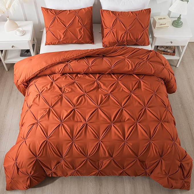 White Queen Comforter Set(90x90Inch), 3 Pieces Cute Pinch Pleat Bedding Comforters