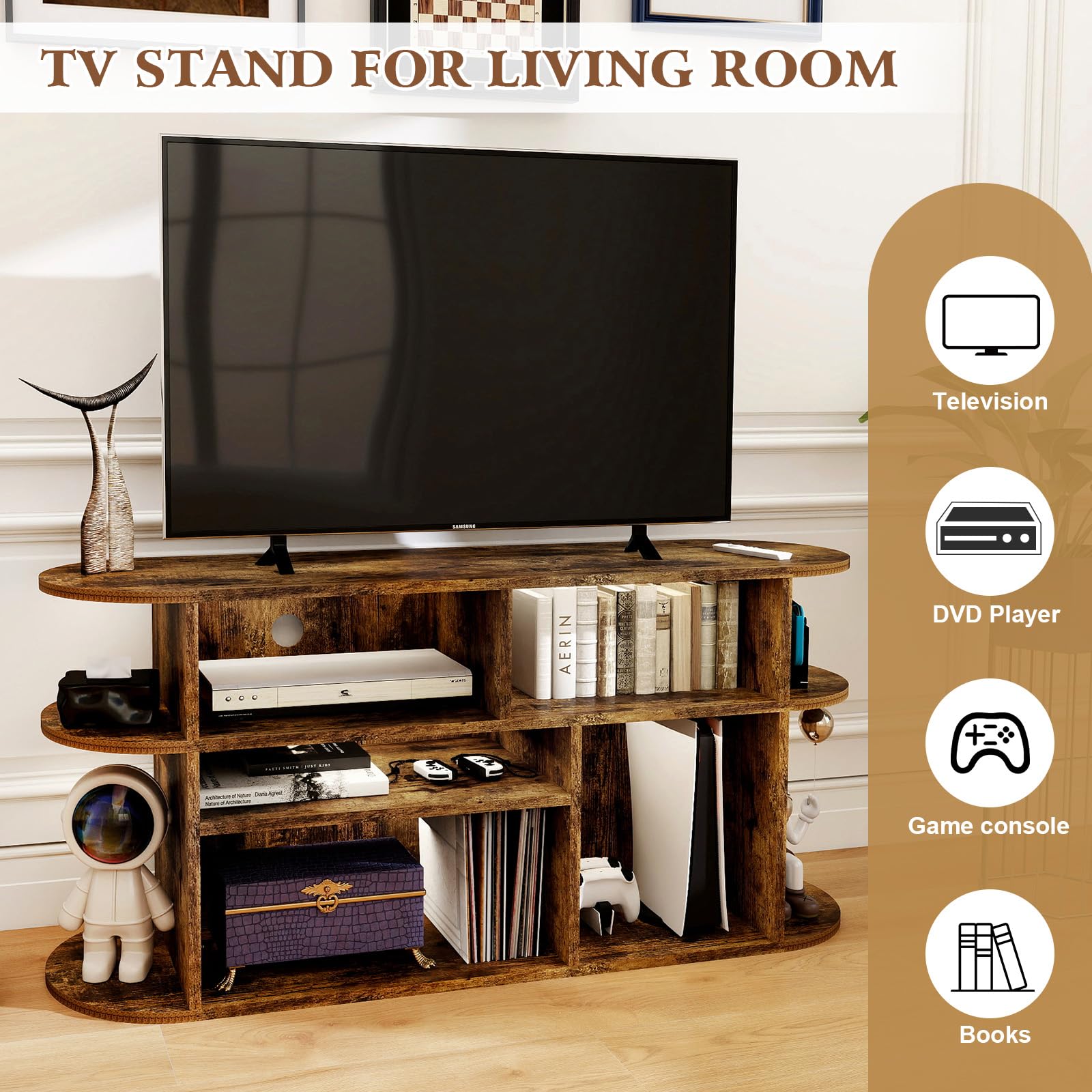 Solid Wood TV Stand with Storage and Adjustable Shelves