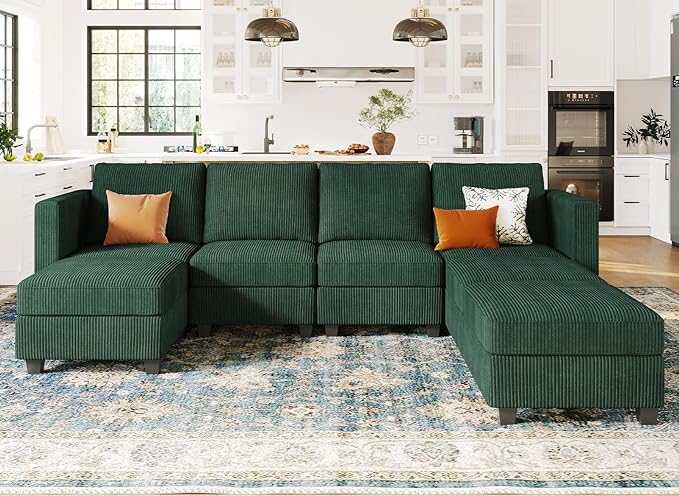 Modular Sectional Couch with Storage Ottoman U Shaped Corduroy Sectional Sofa