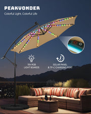 PEAKVONDER 10 ft Cantilever Offset Patio Umbrella With Solar Lights, Large Outdoor Umbrellas for Patio, Dual Charging, 200+ Light Modes, Heavy Duty, for Pool, Deck, Market, Tan HPU032T