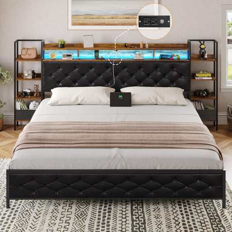 Bed Frame King Size with Bookcase Storage Headboard and Charging Station King