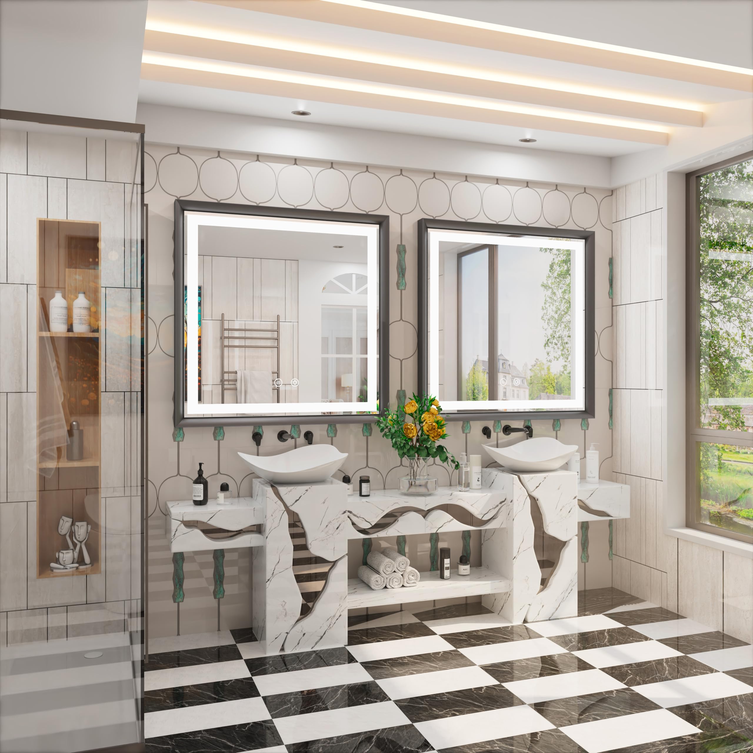 32x32 Black Frame Mirror,Square Mirrors for Bathroom,Framed LED Mirror,Dimmable LED