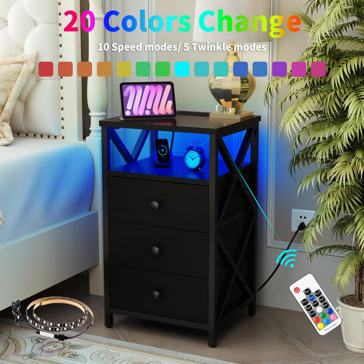 LED Nightstand with Charging Station, Tall Dresser for Bedroom with LED Light