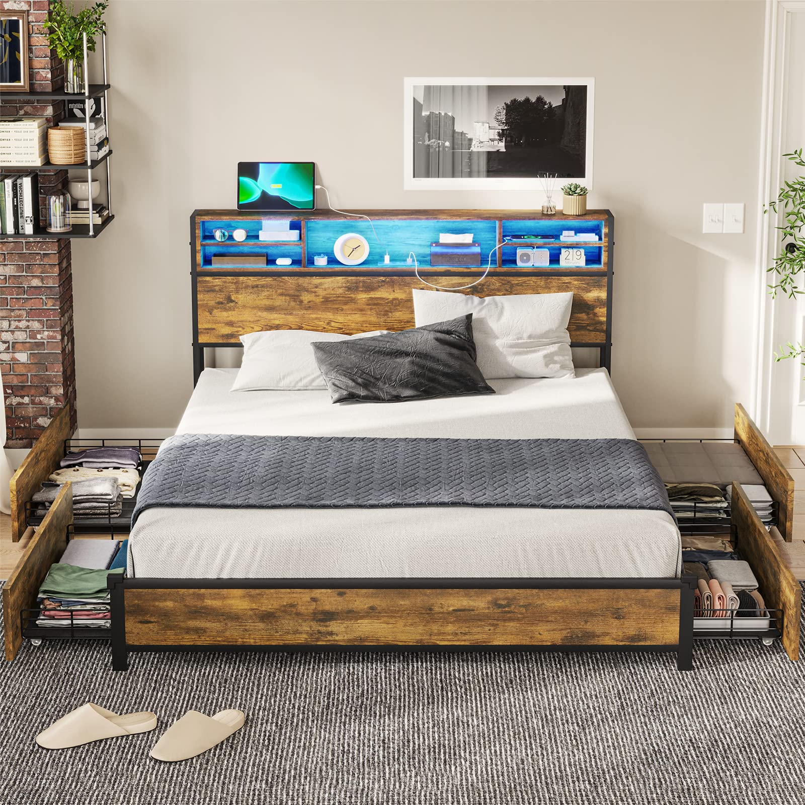Queen Bed Frame with LED Lights Headboard & 4 Storage Drawers