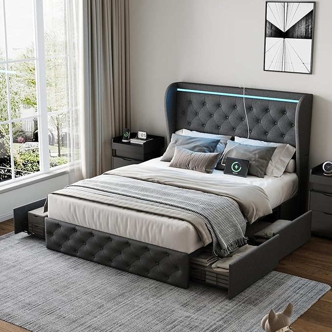 Bed Frame, Storage Headboard with Charging Station and LED Lights