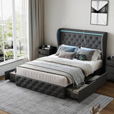 Bed Frame, Storage Headboard with Charging Station and LED Lights