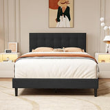 Full Size Upholstered Platform Bed Frame with Button Tufted Velvet Headboard Wood