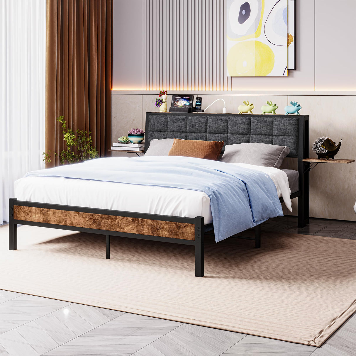 with Ergonomic Upholstered Headboard and Charging Station, Platform Bed Frame