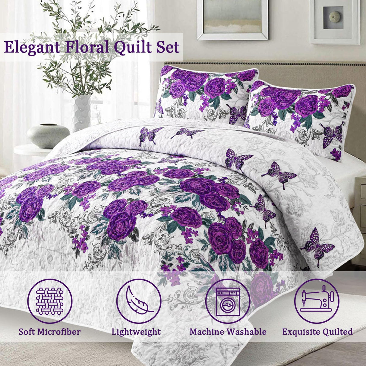 Floral Quilt Set Queen Size Elegant Purple Rose Bedding Bedspreads 3 Pieces