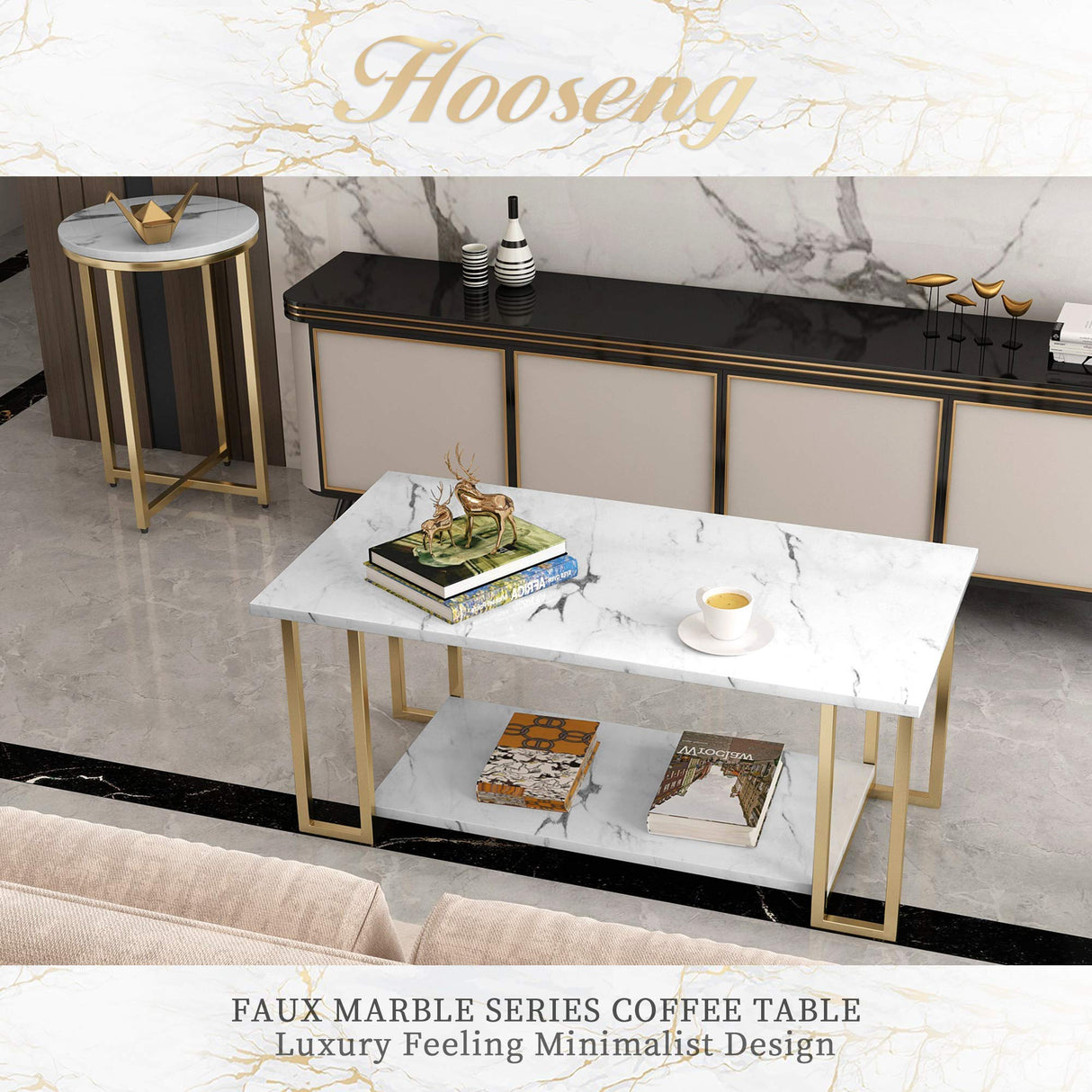 Coffee Table, Gold Base for Living Room-Faux Marble Rectangle Tabletop