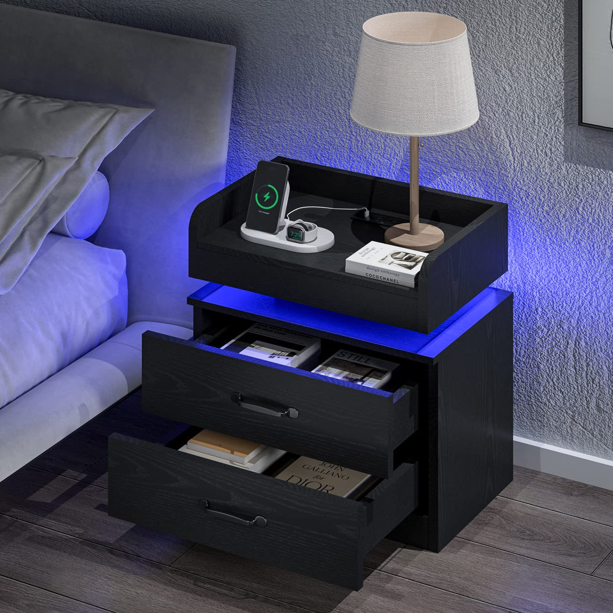 Black Nightstand with Charging Station, Night Stand with LED Lights, Modern Led End