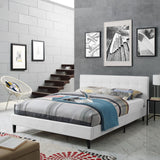 Linnea Upholstered White Faux Leather Queen Platform Bed with Wood Slat Support