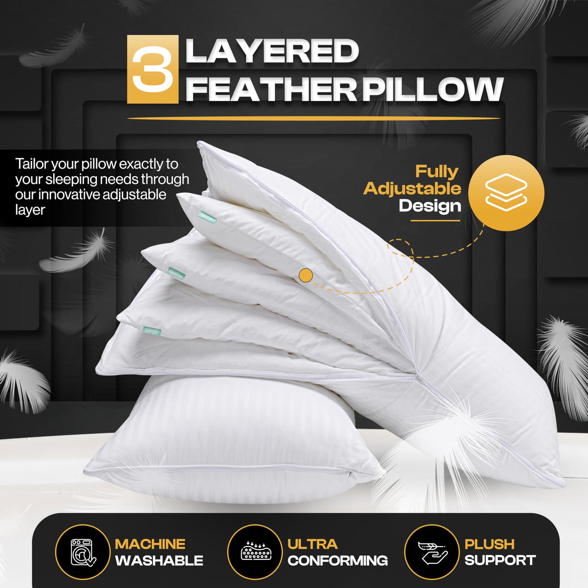 Goose Feather Adjustable Layer Pillows for Sleeping - Set of 2, Cooling