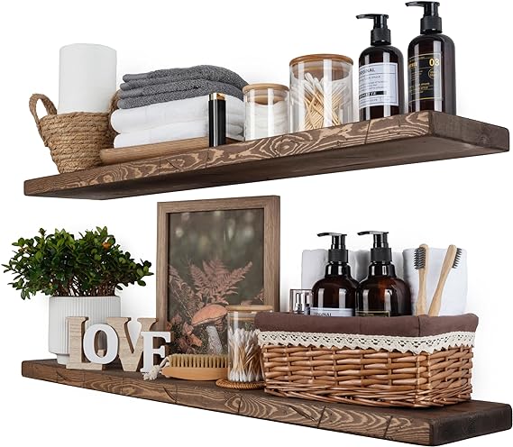 Wood Floating Shelves , Wide Rustic Wooden Wall Shelves for Bathroom Living Room