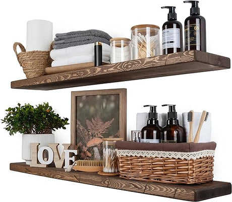 Wood Floating Shelves , Wide Rustic Wooden Wall Shelves for Bathroom Living Room