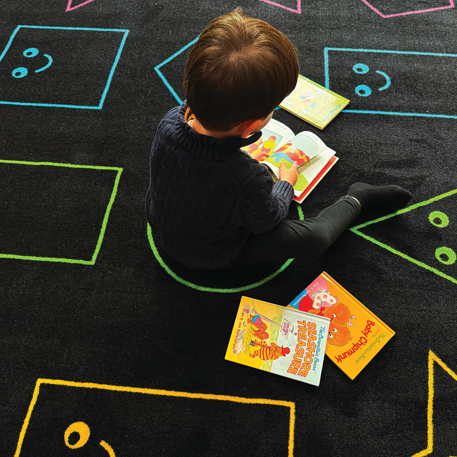 Zety - Nylon School Girl Style Classroom Rugs Elementary - 7.6x12 FT - Playroom and Toddler Rugs- Educational Smiley face Rug for Kids Room, Classroom, Daycare, and Home Learning - Black Pastel Rug