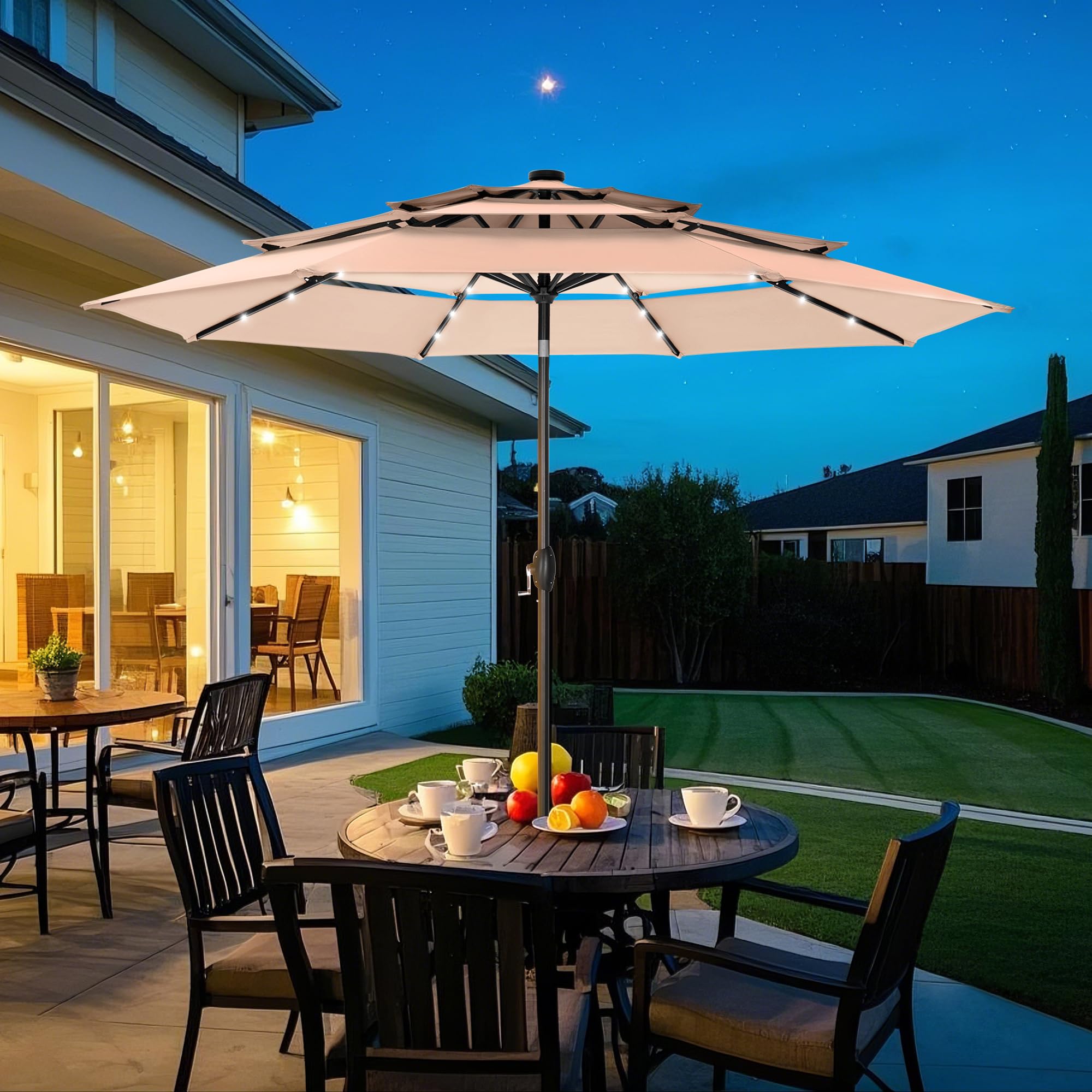 10ft 3 Tier Solar Patio Umbrella, Outdoor Market Umbrellas with 24 LED Lights