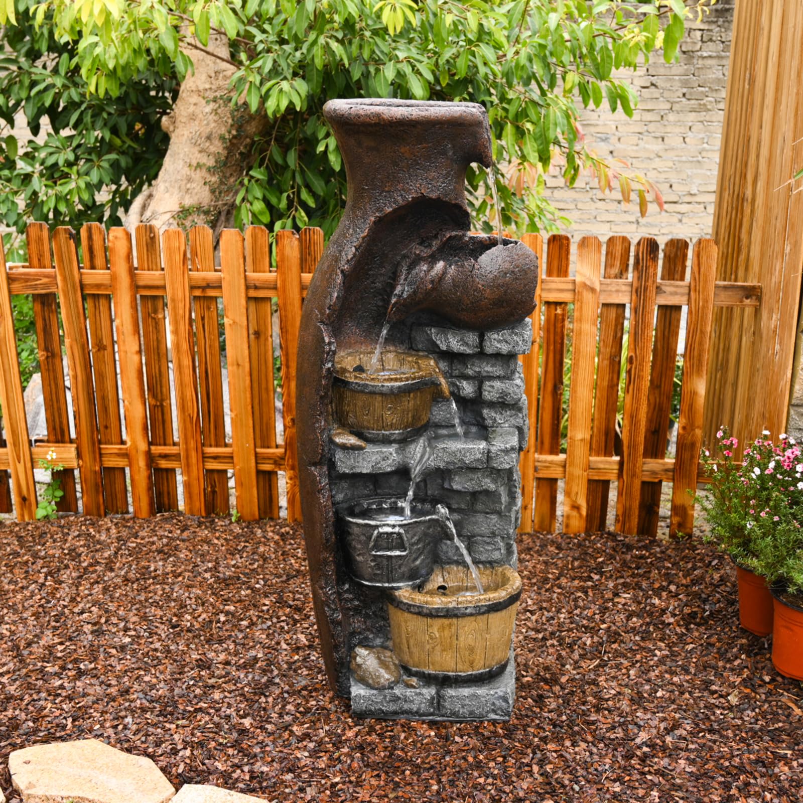 Retro Barrel Water Fountains Indoor 6-Tiered Cascading Waterfall Water Feature 43.31''H Garden