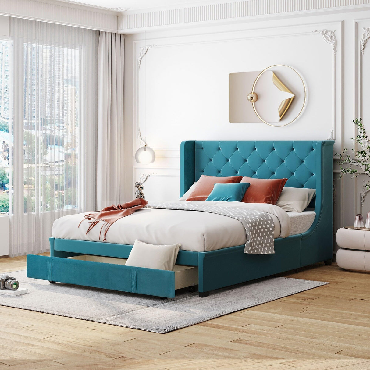 Queen Size and Velvet Upholstered Platform Bed Beige