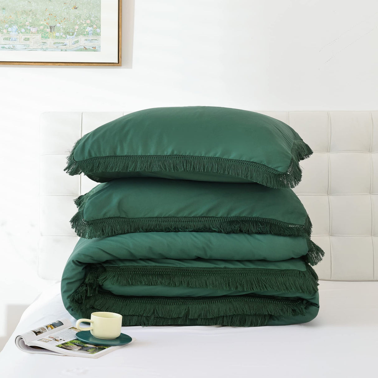 Queen Comforter Set Emerald Green 3Pcs Tassel Boho Bohemian Cute Soft Tufted Microfiber