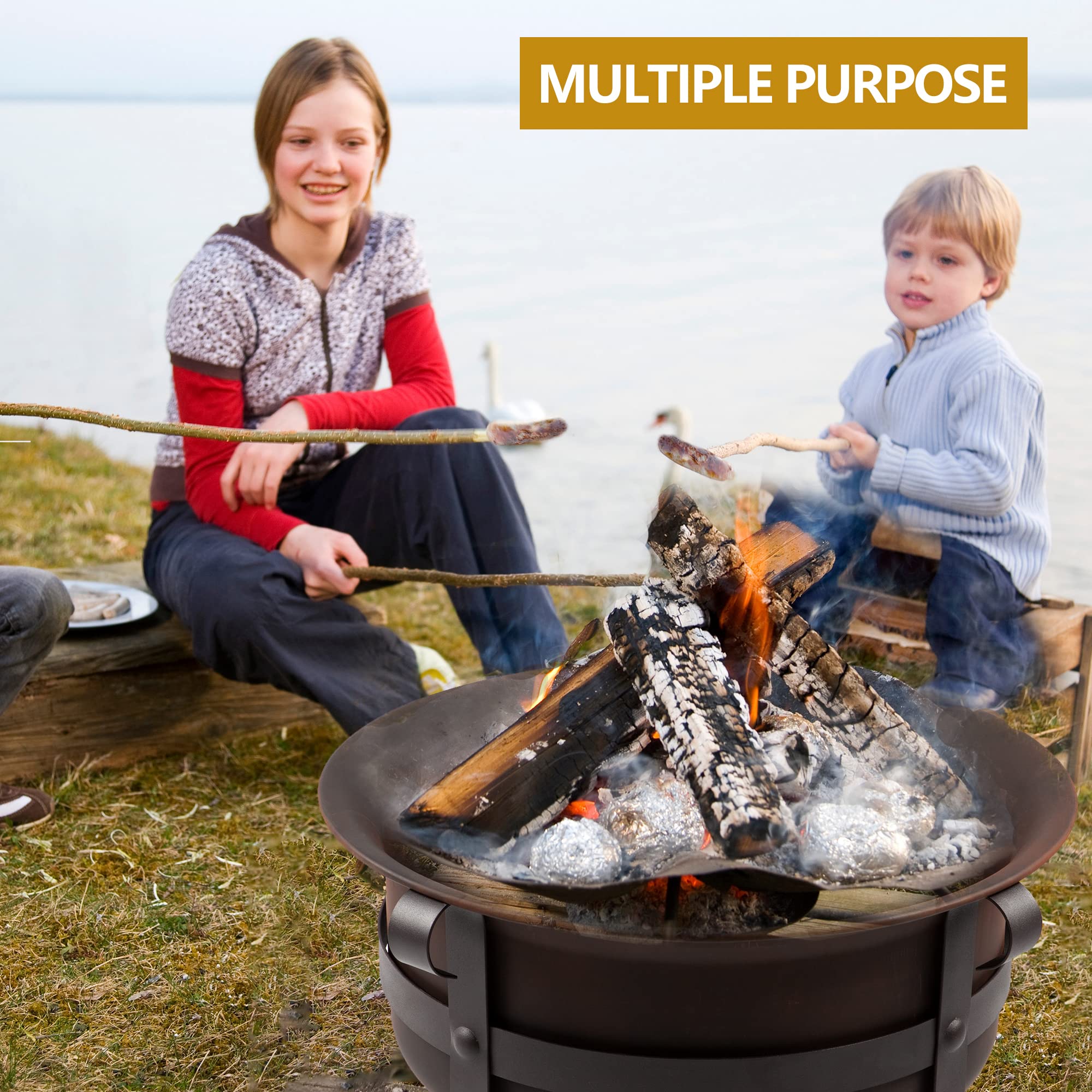 WeCooper Steel Cauldron Fire Pits, Outdoor Round Wood Burning Fire Pit Bowl with Mesh Screen,Fireplace Poker,23.5Inch