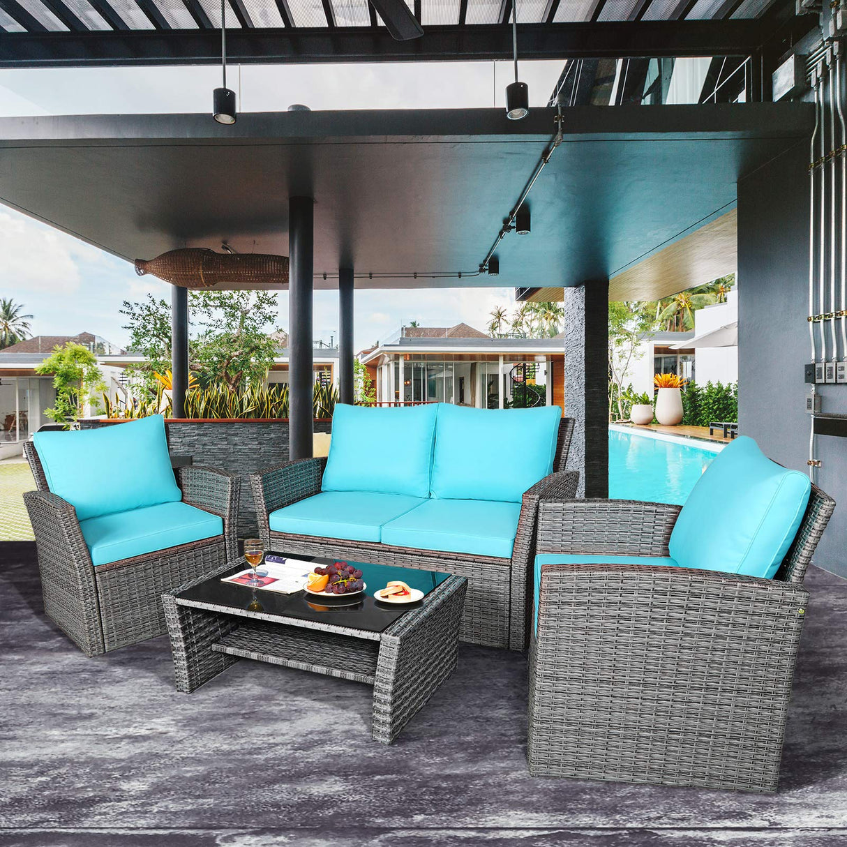4 Pieces Patio Furniture Set, All Weather Outdoor Sectional Rattan Sofa Set