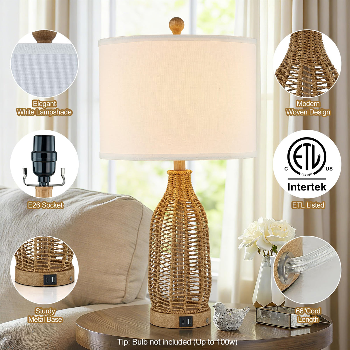 24.5" Rattan Table Lamps Set of 2 with USB Charging Ports