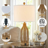 24.5" Rattan Table Lamps Set of 2 with USB Charging Ports