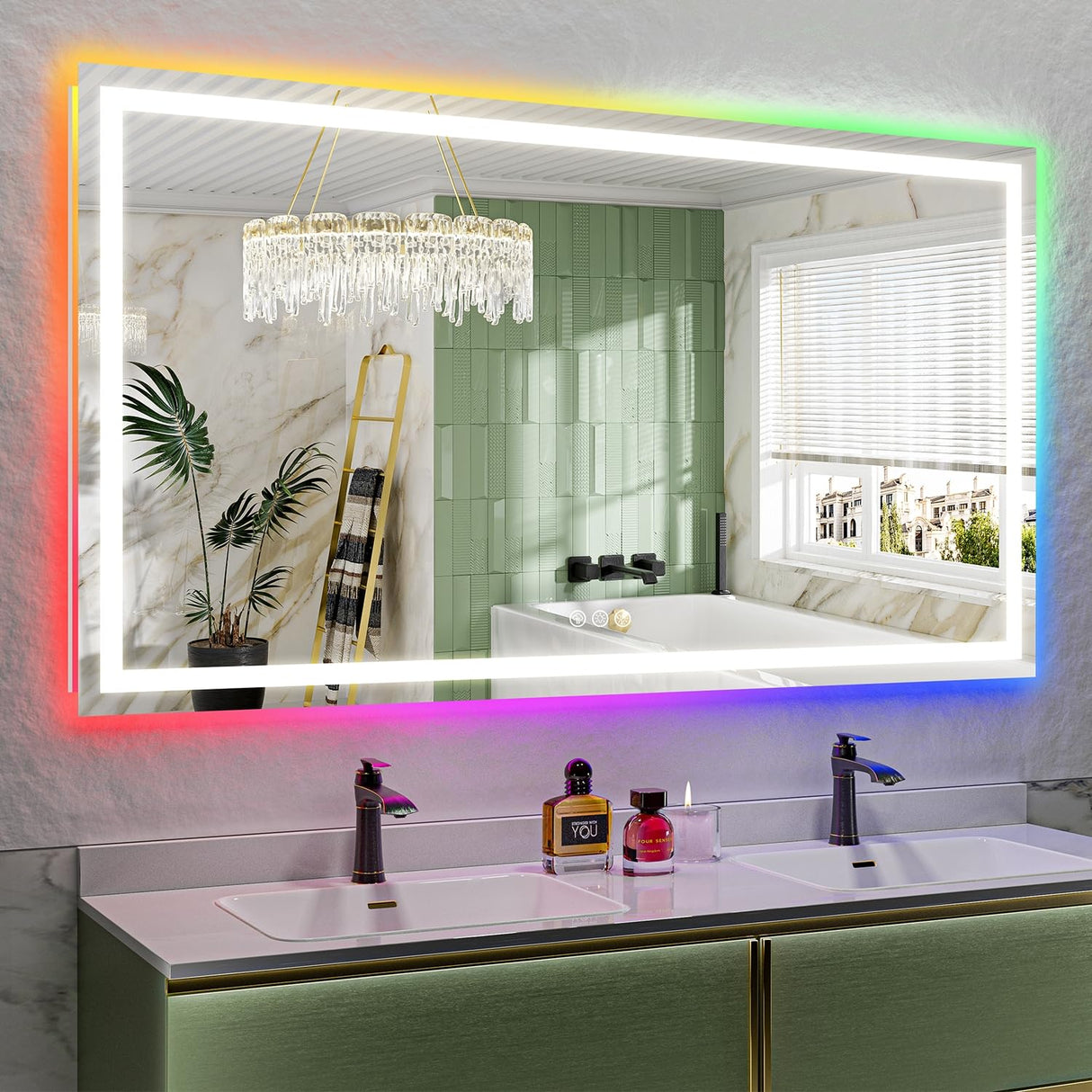 65x36 Inch RGB LED Bathroom Mirror with Front and Backlight