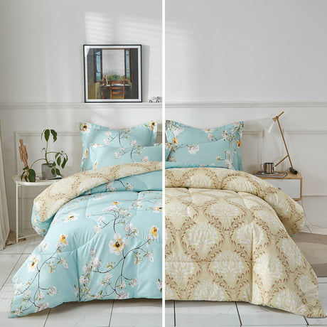 3pcs Floral Comforter Set Aqua, Elegant Flower Reversible Design, Twin Size Smooth Soft