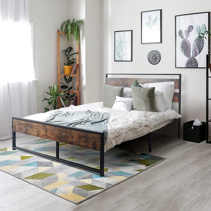 with Wooden Headboard and Footboard, Metal Platform Bed with Premium Steel Frame,