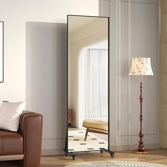 Full Length Mirror with Wheels - 360° Swivel Rolling Floor Mirror