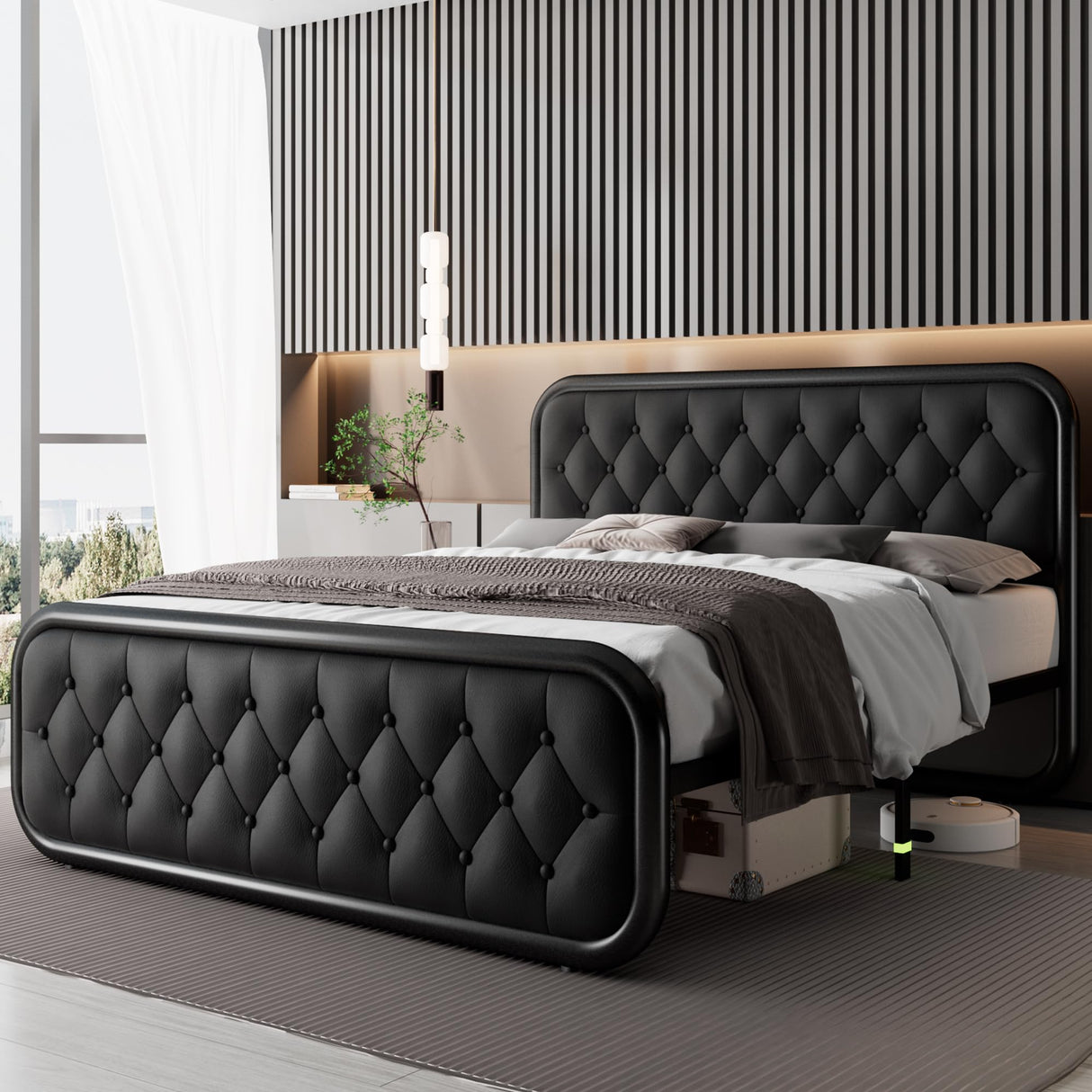 Queen Size Bed Frame, Heavy Duty Bed Frame with Faux Leather Headboard