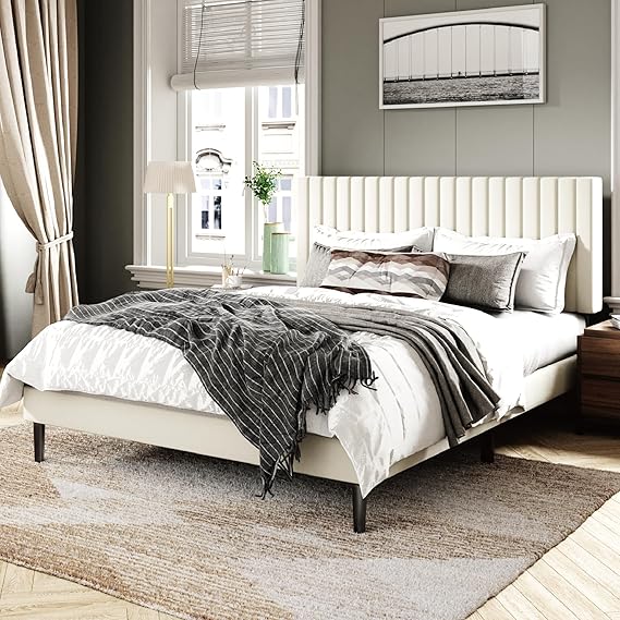 Queen Velvet Platform Bed Frame with Upholstered Headboard