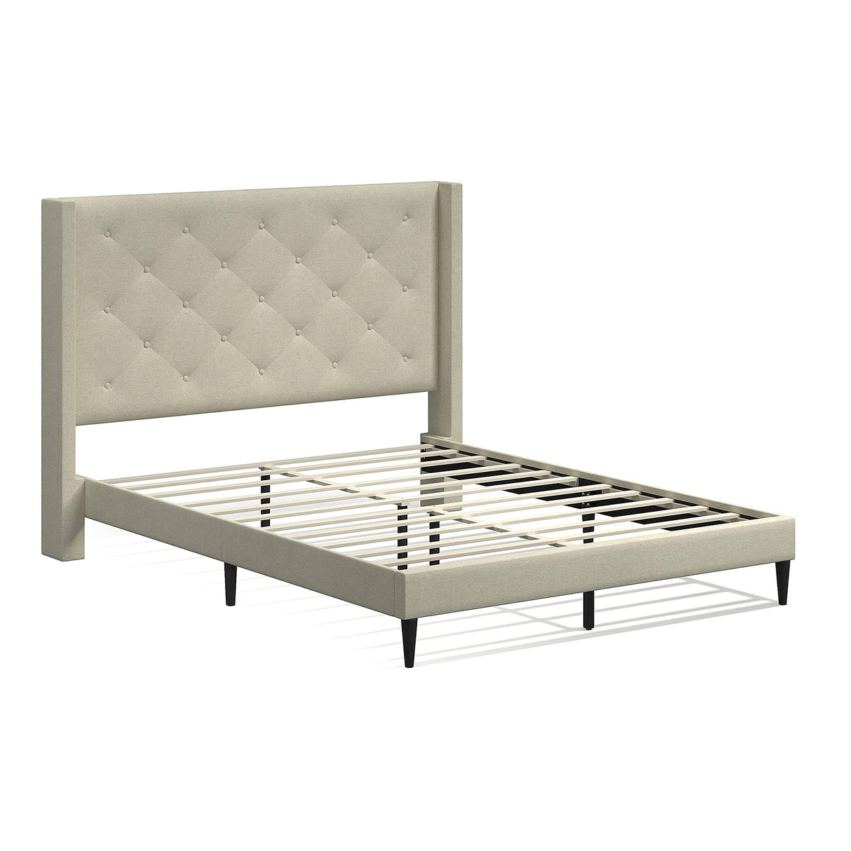 Huppe Upholstered Platform Bed Frame/Button Tufted MCM Wingback/Mattress