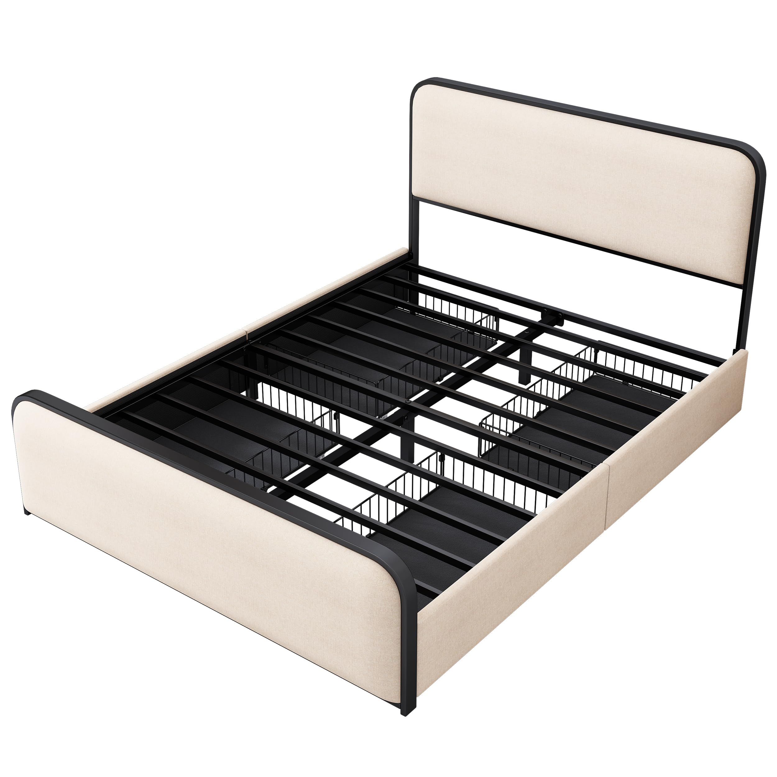 Queen Size Modern Metal Bed Frame with Curved Upholstered Headboard and Footboard,