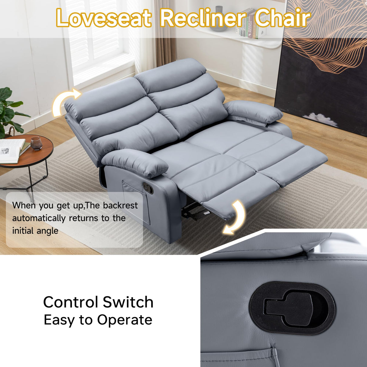 Loveseat Recliner Sofa, Small Sofa Couch, PU Leather Reclining Sofa 2-Seater