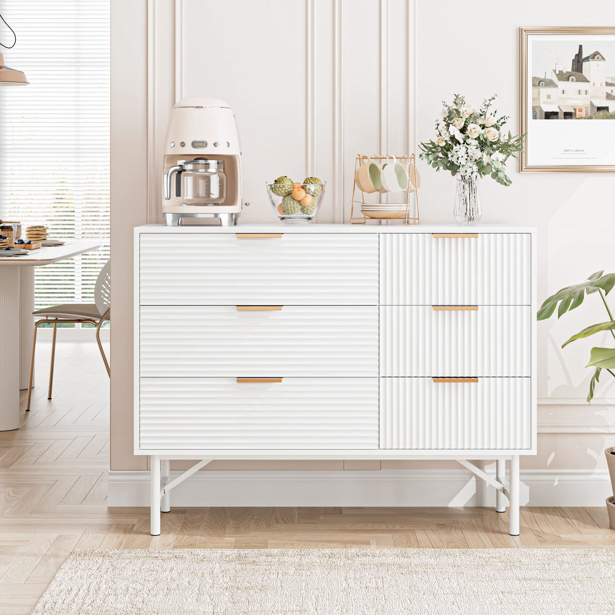 White Dresser, 6 Drawer Double Dresser with Deep Drawers and Metal Handles