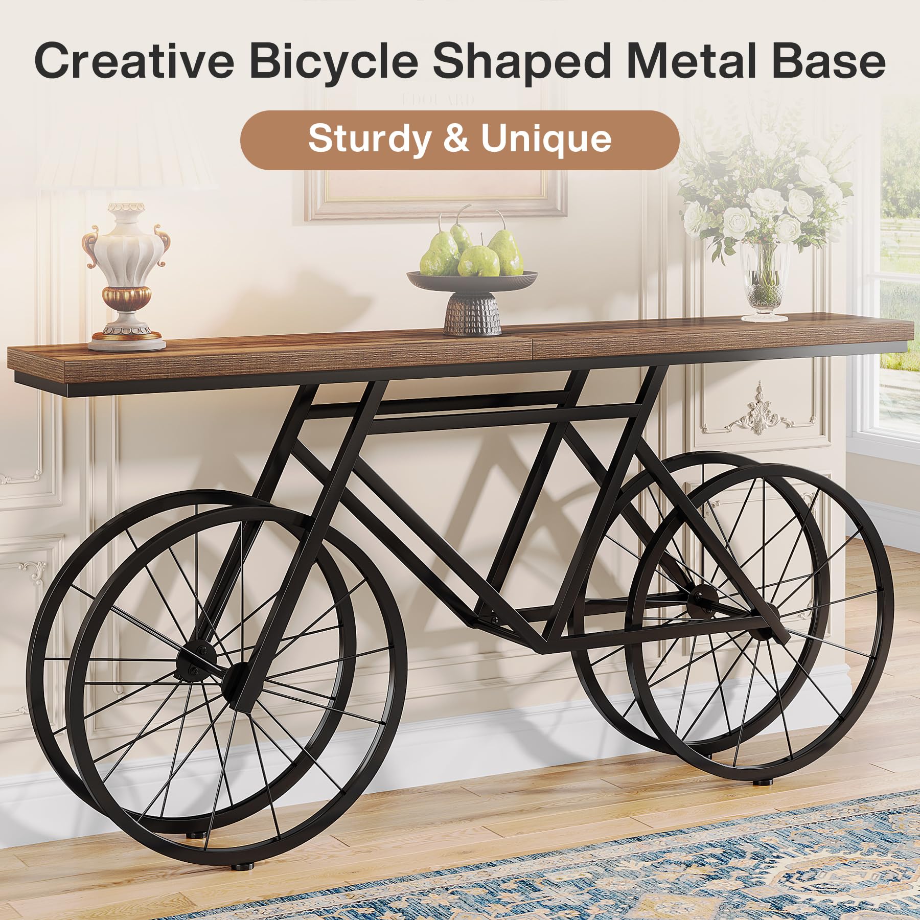 70.9-Inch Extra Long Console Table, Narrow Sofa Table with Bicycle Metal Base,