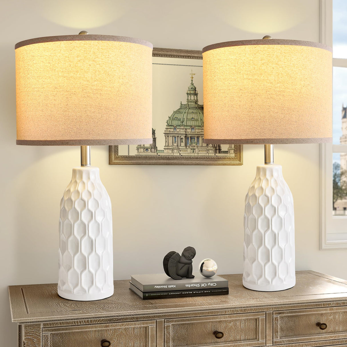 26.5" Ceramic Table Lamp Set of 2, Farmhouse Table Lamp for Living Room White Desk