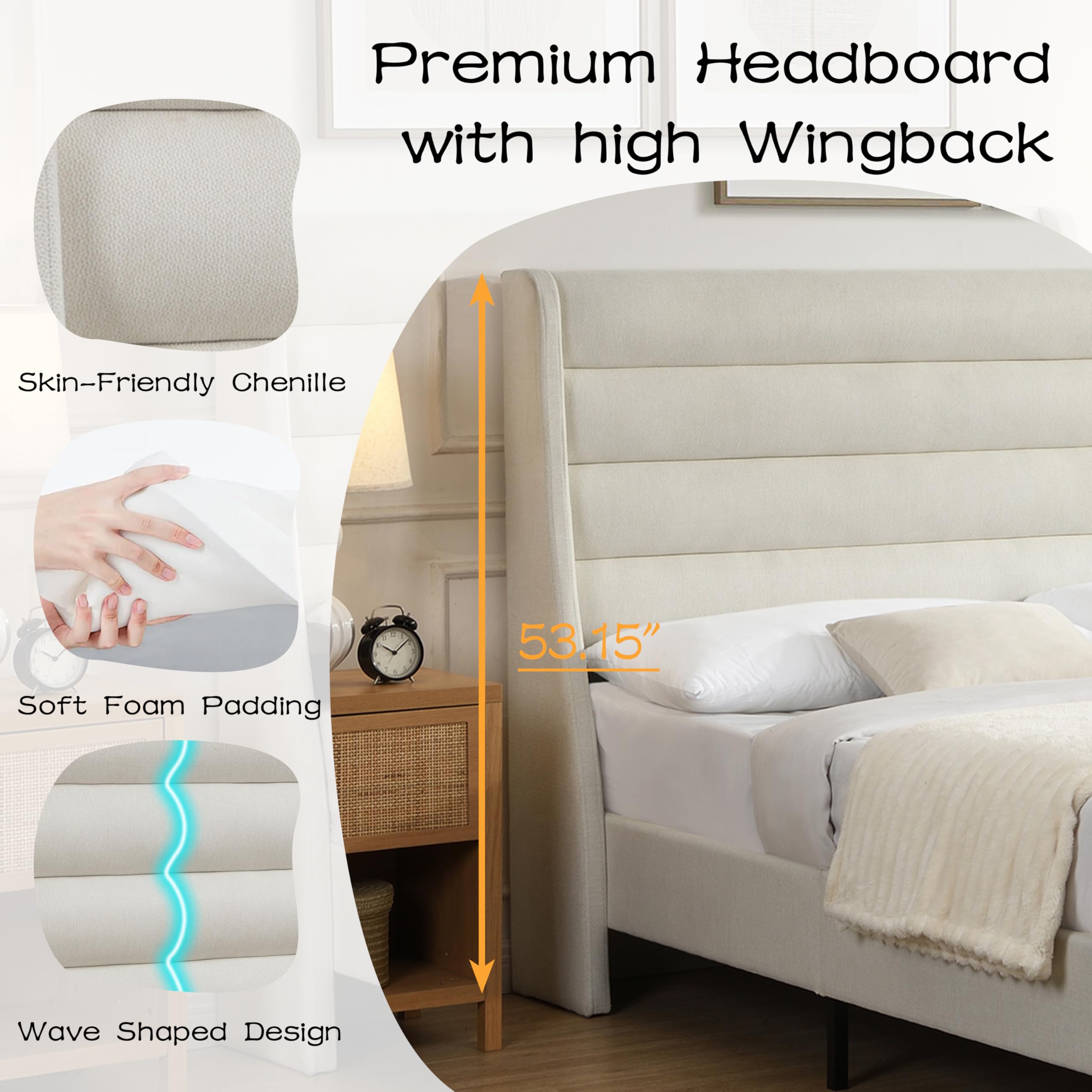 Queen Platform Bed with Wave Headboard - Ivory Chenille