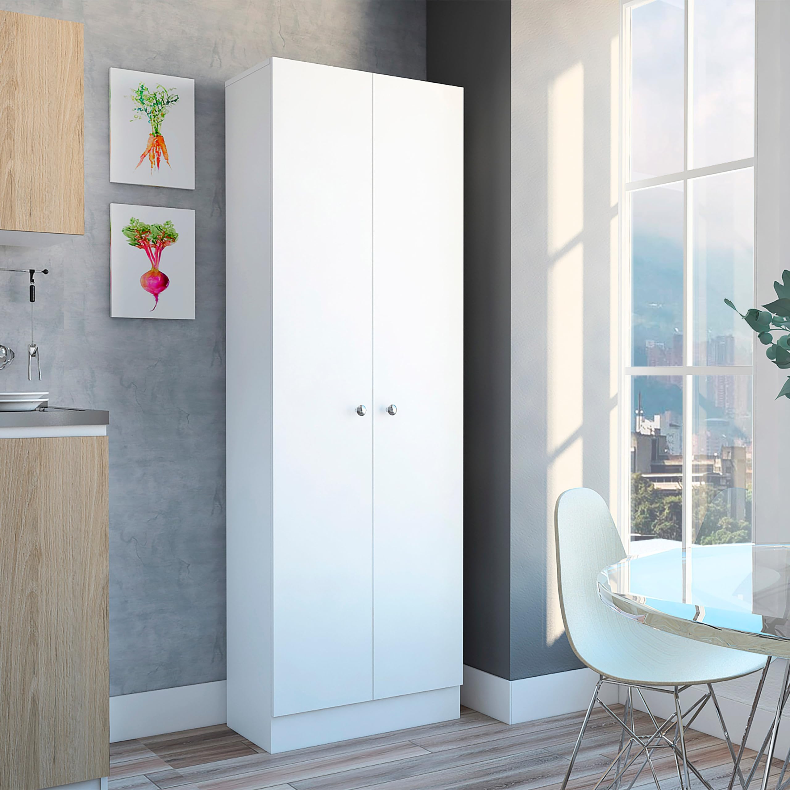 Pantry Cabinet, Five Shelves, Double Door Cabinet -White