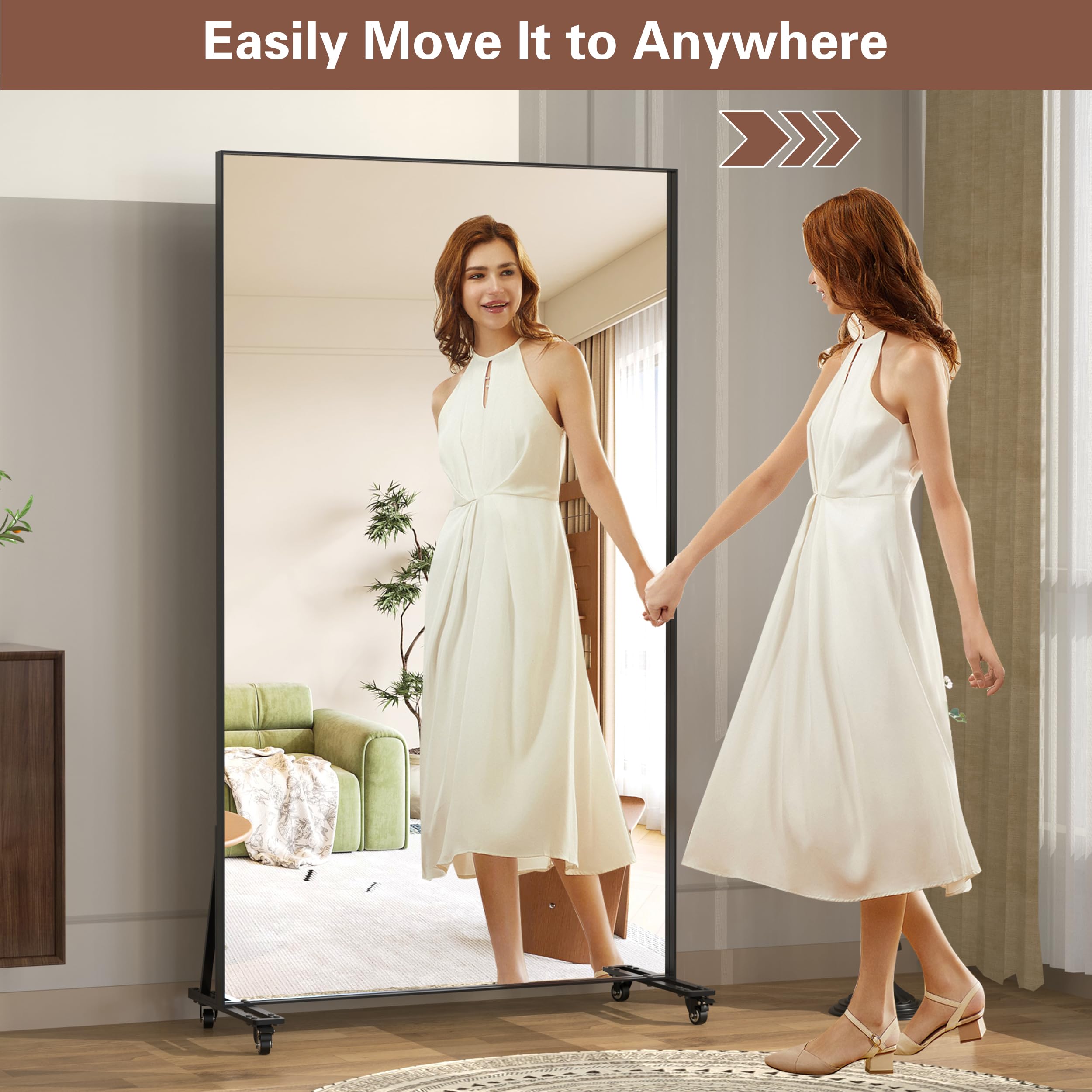 Full Length Mirror with Wheels - 360° Swivel Rolling Floor Mirror