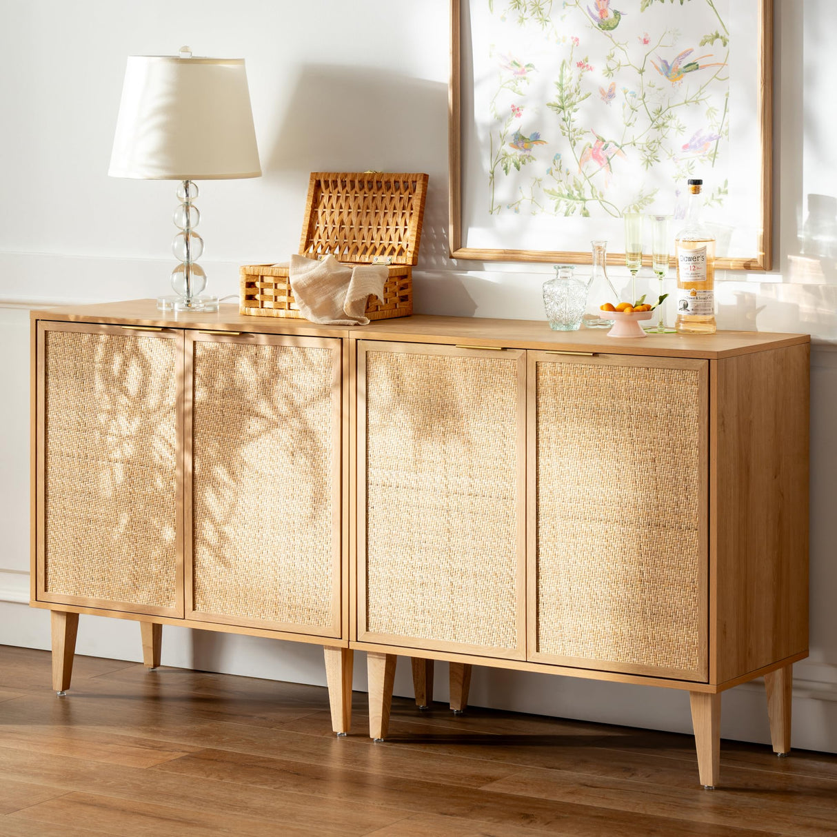Accent Storage Cabinet Set of 2 Sideboard with Rattan Doors, Boho Buffet Kitchen Bar